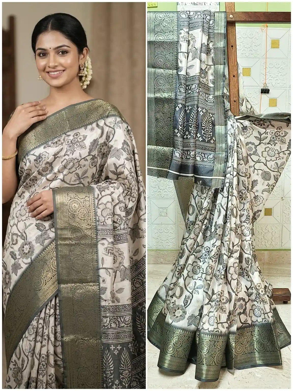 Grey-Black Digital Dola Traditional Monochrome Floral Print Saree